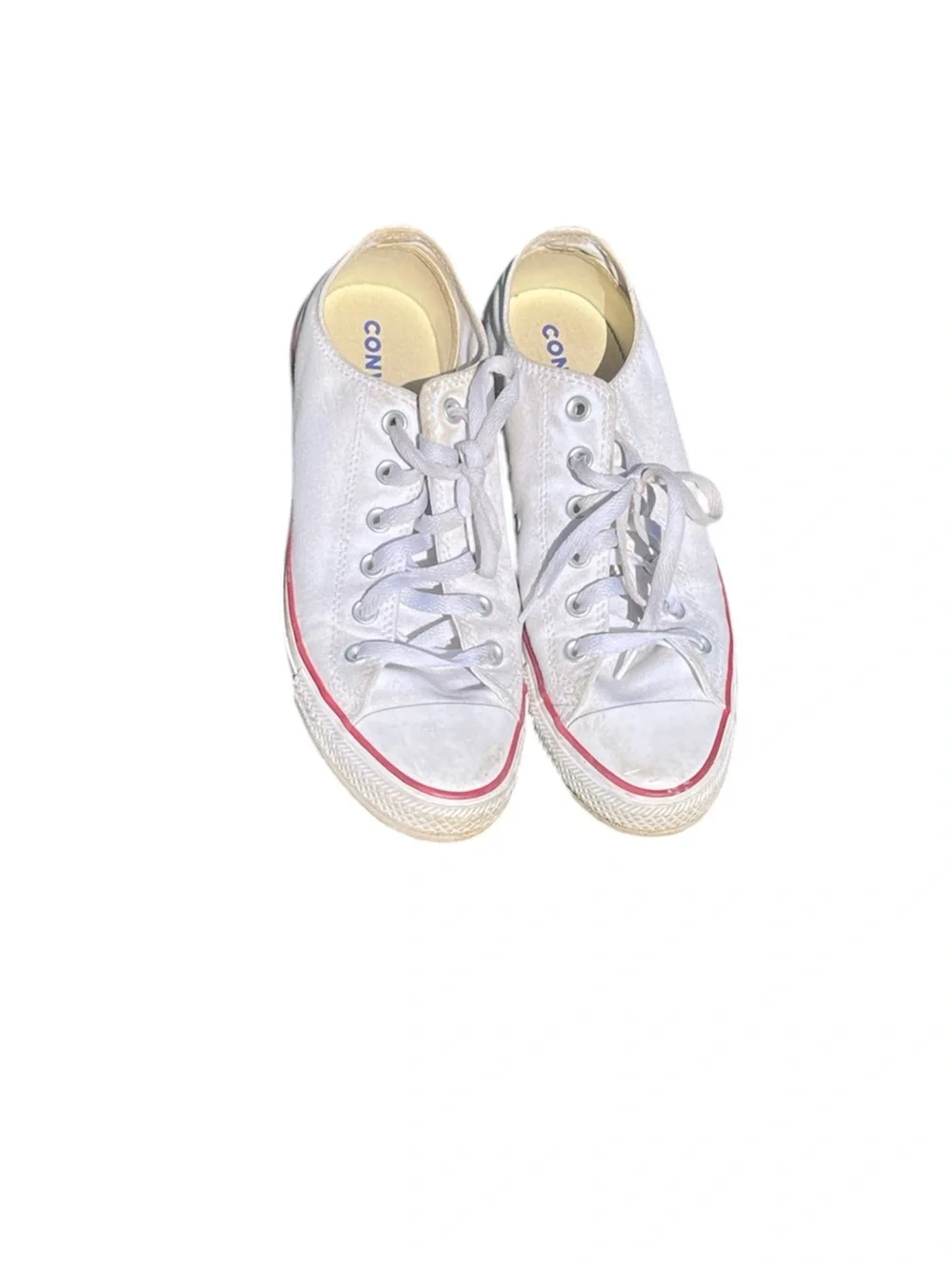 Women’s Converse White Low Top Sneakers with Red Trim. Size 10